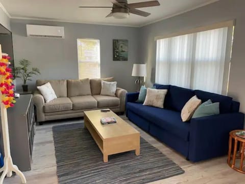 Sunny living room with two sofas (one is a sleeper) and large HD tv.