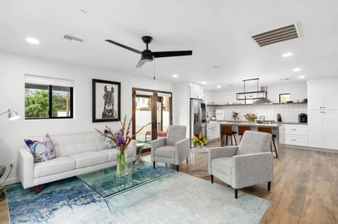 Living room and kitchen area.