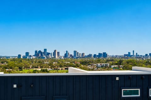 The Nashville skyline view from the rooftop balcony.