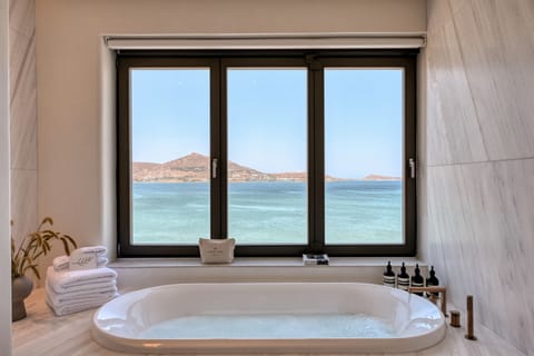 Deluxe Suite, Sea View (200m from the Main Hotel) | Bathroom | Designer toiletries, hair dryer, bathrobes, slippers