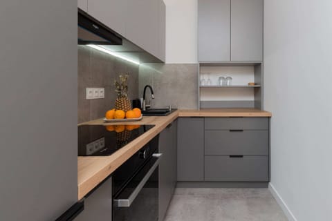 A compact kitchen with grey cabinets, wooden countertops, and sleek modern appliances.
