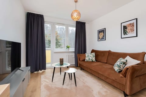 A stylish living room with a brown sofa, a coffee table, and large windows allowing natural light to flow in.
