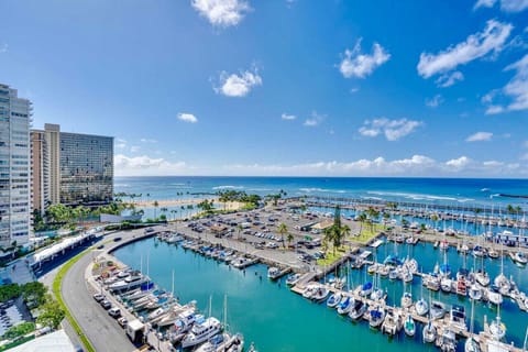Stunning views of the marina and Waikiki from our 11th floor balcony