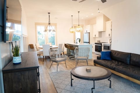 Downstairs living room open to kitchen.