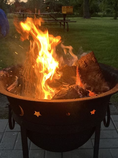 a lovely fire pit in the back yard 