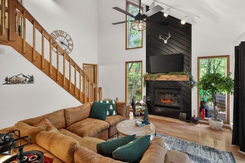 Living room showing wood burning fire place