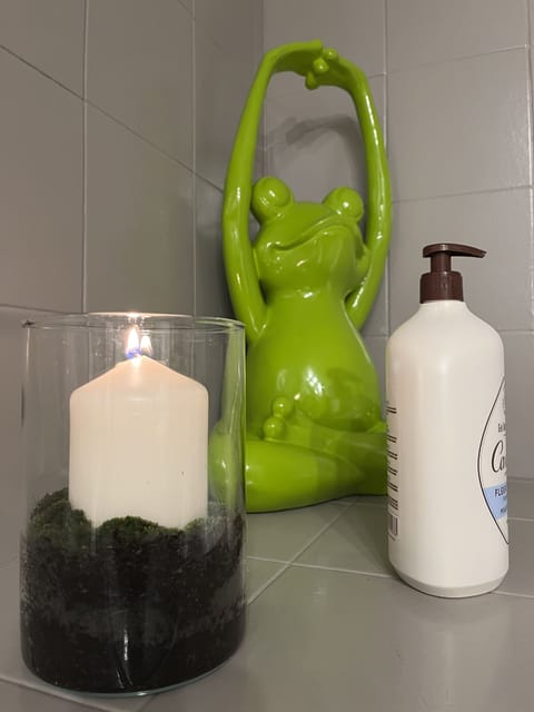 Combined shower/tub, hair dryer, towels, soap