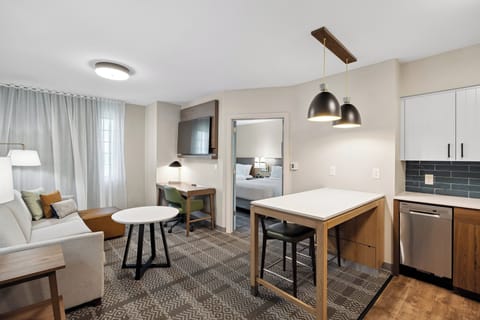 Desk, laptop workspace, blackout drapes, soundproofing