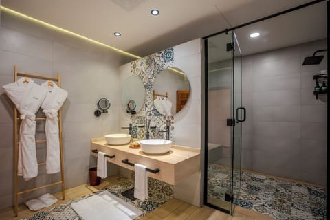 Shower, hair dryer, bathrobes, slippers