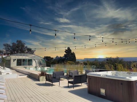 Indoor pool, outdoor pool, sun loungers