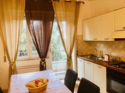 fully equipped kitchen with wide table for dining and working, balcony