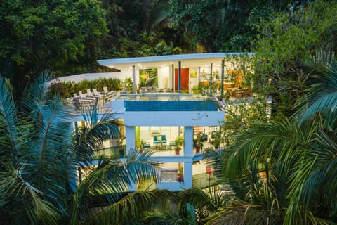 Evenings at Casa Elsa feel magical as warm lights glow through the surrounding jungle canopy