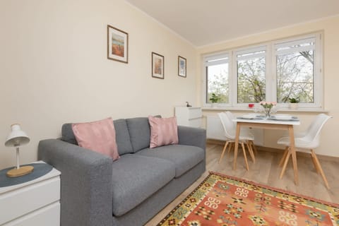 A cozy living room with a grey sofa, pink cushions, and a small dining table by the window, creating a bright and inviting space.

