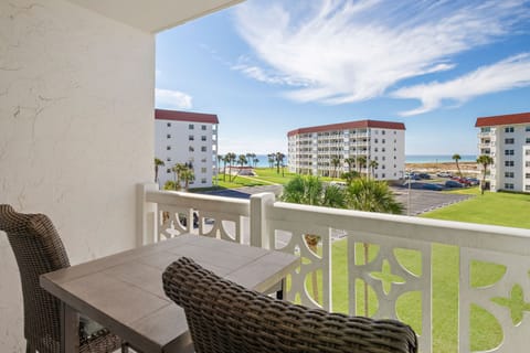 Balcony overlooking the gulf from a distance.