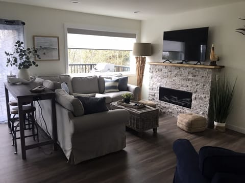 Living room with propane fireplace. 