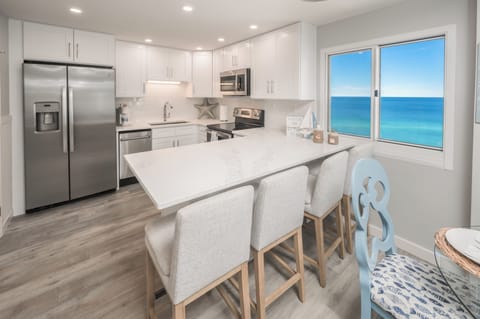 Kitchen space with a beautiful ocean view. 