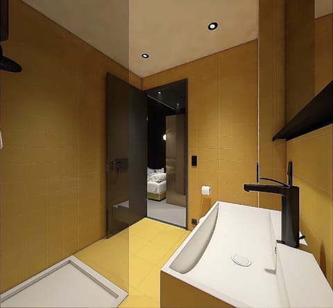 Shower, rainfall showerhead, hair dryer, towels