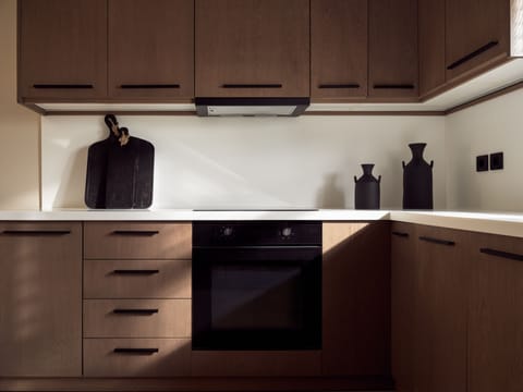 The rough-luxe kitchen is well-equipped for a self-catering stay.