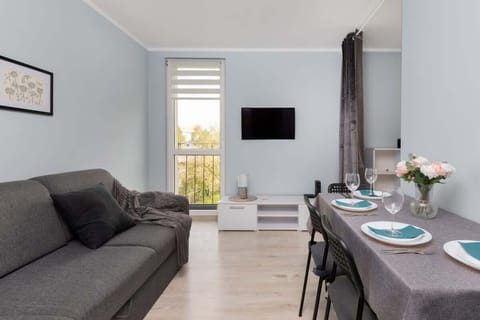 A cozy living room with a comfortable gray sofa, a dining table, and a TV, creating a relaxing and functional space.
