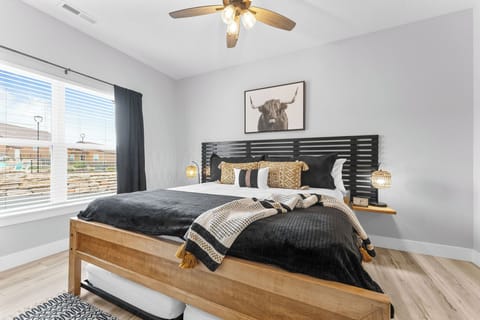 Bed #1 features a custom built king bed with two slide out twin trundles.