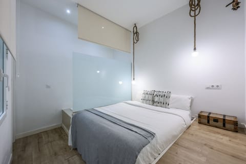 View of the bedroom with double bed and bathtub