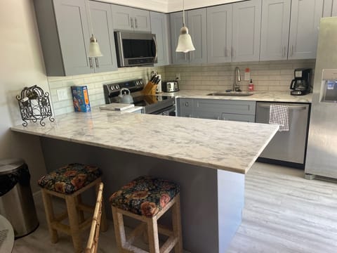 Full stocked kitchen with quartzite counter tops.
