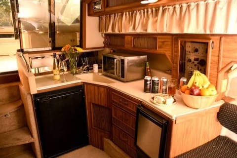 Galley (kitchen) has a refrigerator, microwave, Keurig & Bluetooth stereo.