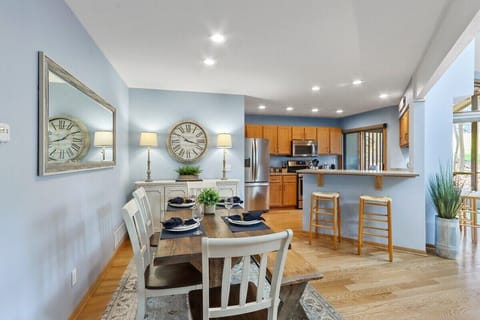 Dining table and kitchen area