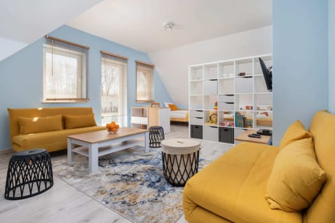 The fully equipped studio with living area, kitchenette and access to the balcony.