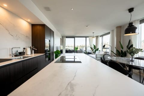 Modern and expansive kitchen area with top-of-the-line appliances.