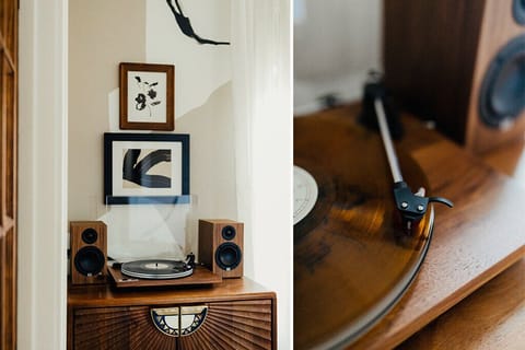 Nothing sets the mood quite like music. Dance the night away with our record player that is sure to add the perfect touch of nostalgic flare.