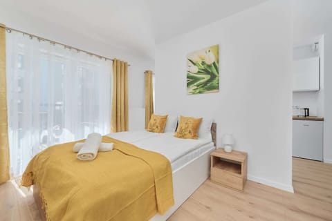 Sunny studio with a comfortable double bed.