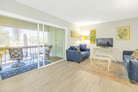 Royal palm view living area in Siesta Key vacation rental near the beach.