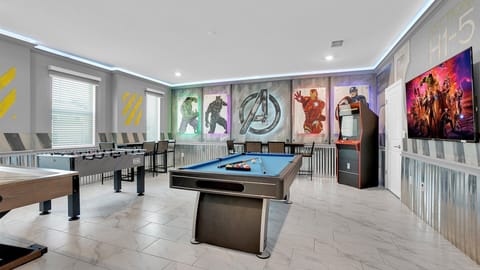 Game Room
65" Smart TV
Pool Table, Foosball, Air Hockey
Arcade Classics Arcade Game
Avengers Theme