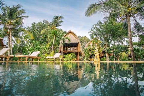 Outdoor pool, pool umbrellas, sun loungers