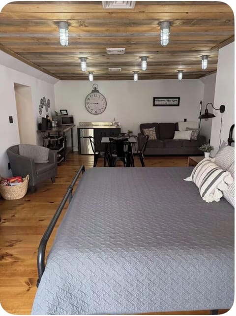Spacious room with king size bed, desk, kitchenette, and sleeper sofa.