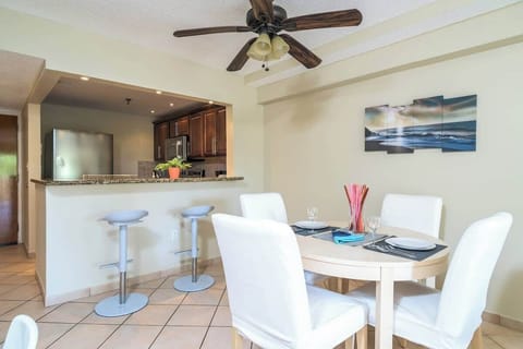 Dine in style at this modern Airbnb with granite counters, stainless steel appliances, and a welcoming vibe for your vacation.

