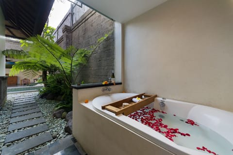 Jetted tub, rainfall showerhead, free toiletries, hair dryer