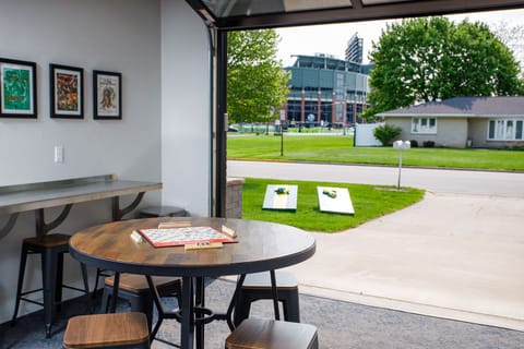 View of Lambeau from heated party garage with door open