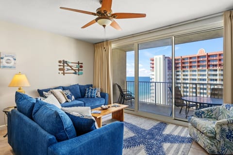 Bright living room with Gulf views, Smart TV, and sleeper sofa — perfect for relaxing after beach days