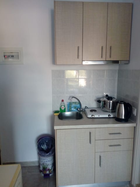 Mini-fridge, stovetop, electric kettle, cookware/dishes/utensils