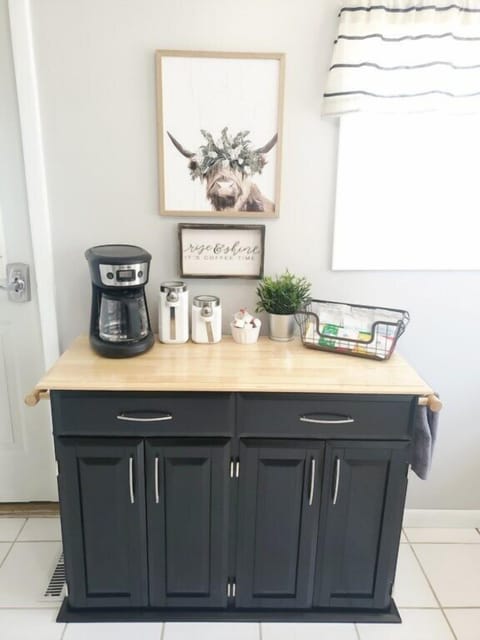 Coffee cabinet and door leading to fully fenced back yard.