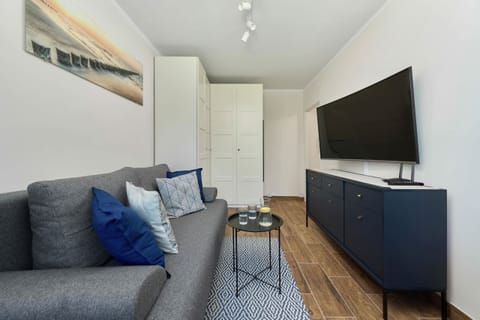 A bright and cozy living room featuring a grey sofa, a flat-screen TV, and modern decor in blue tones.
