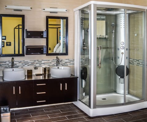 Room 5: Deluxe Queen | Bathroom | Free toiletries, hair dryer, bathrobes, towels