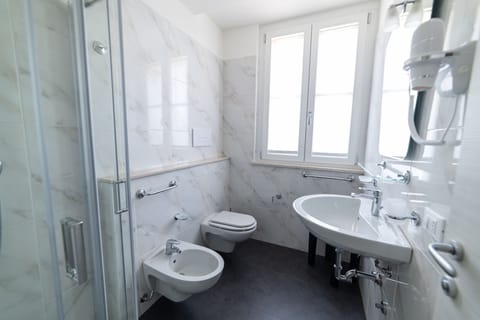 Shower, hair dryer, bidet, towels