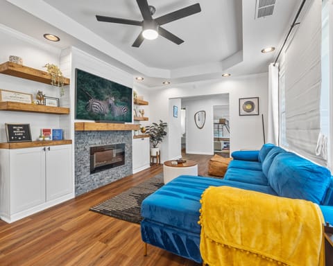 Living Room - 65" Samsung Frame TV, Electric Fireplace, Velvet Couch, Pouf