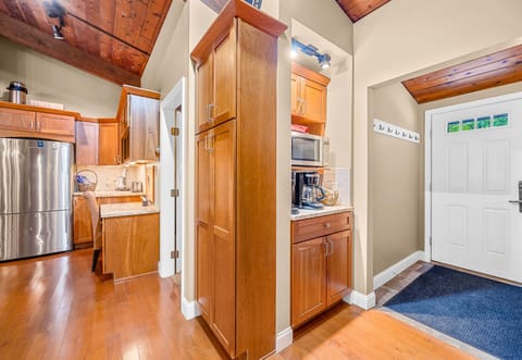 Coffee station and microwave.