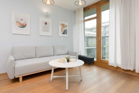 The living area features a sleek coffee table and a flat-screen television.