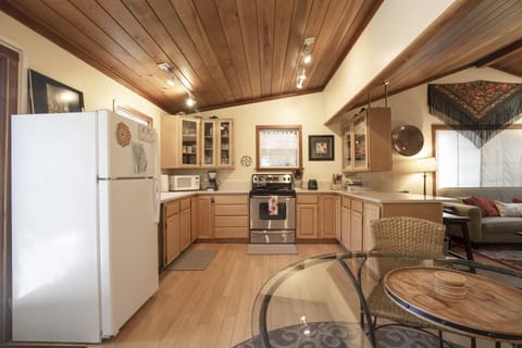 A comfortable and large kitchen.