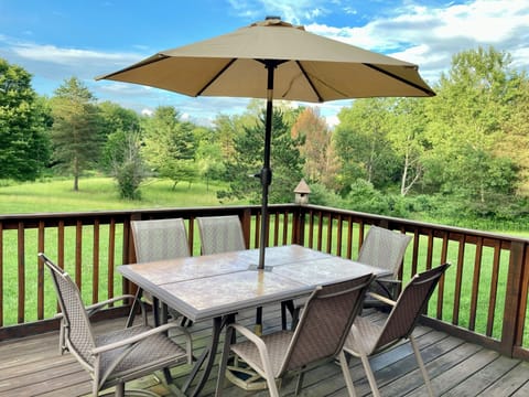 Back deck overlooking lawn and wildlife pond. 